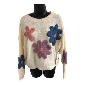 Cream oversized crochet embroidered flower‎ long sleeve sweater size XL new